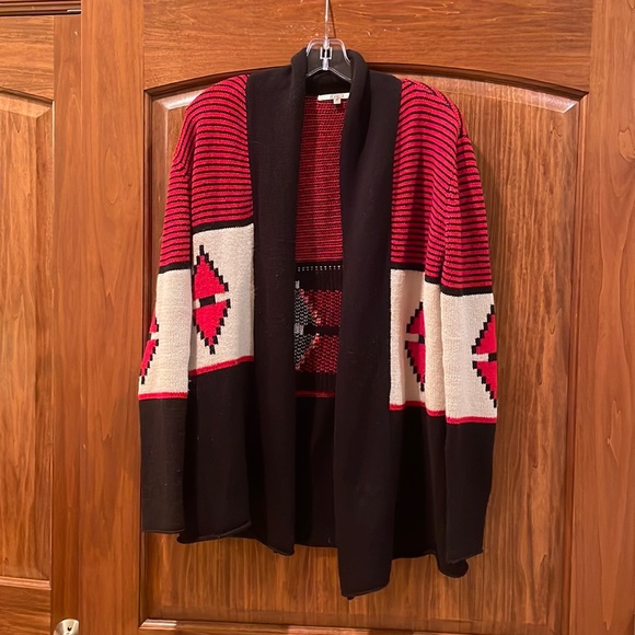 BB Dakota Wool Blend Southwest Aztec Red Black Cardigan Sweater Size Medium - Picture 3 of 9